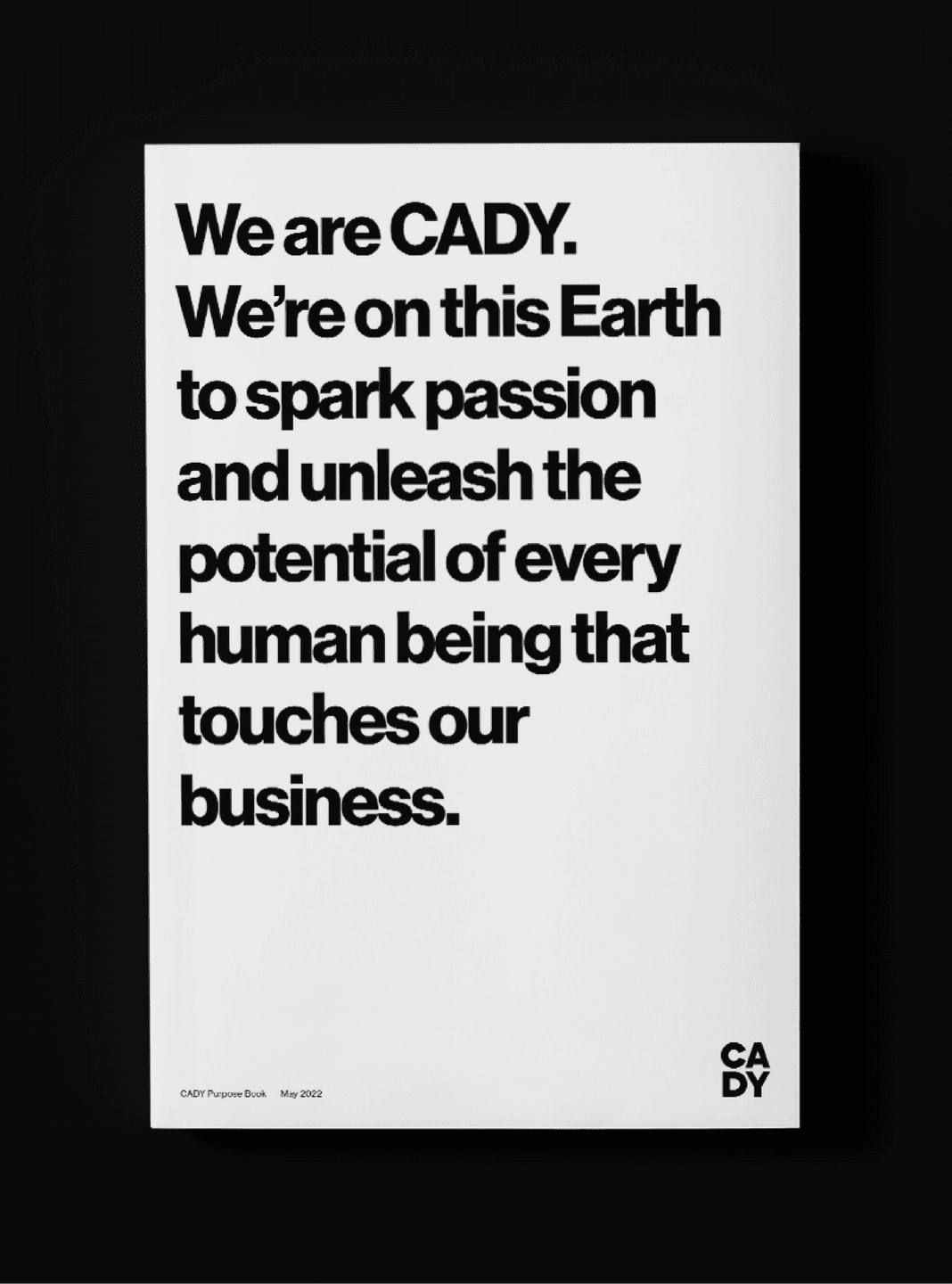 Mission Poster. A bold black-and-white mission poster stating CADY’s purpose with strong typographic presence.