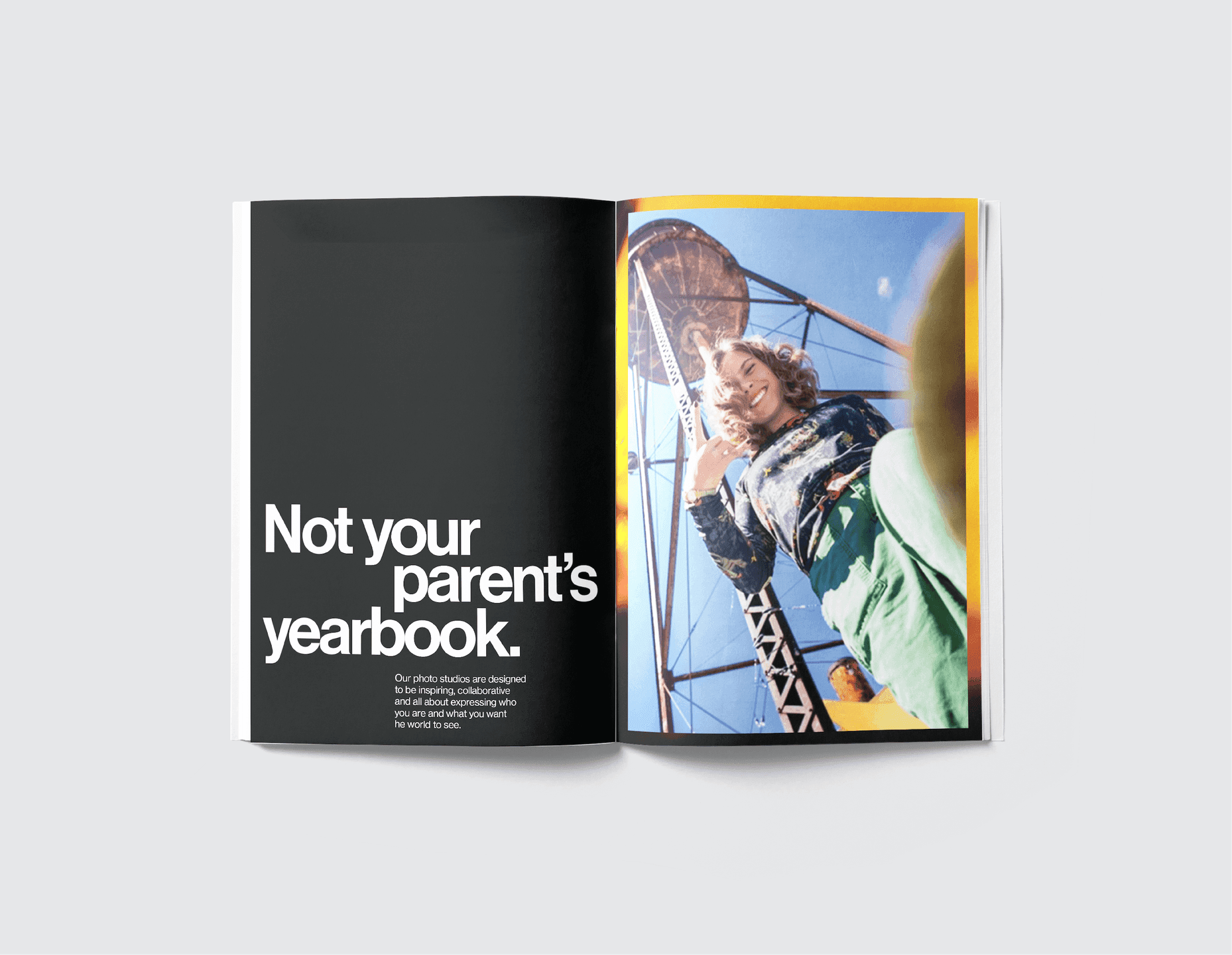 Yearbook Spread. A modern yearbook spread pairing bold typography with a full-bleed student portrait.