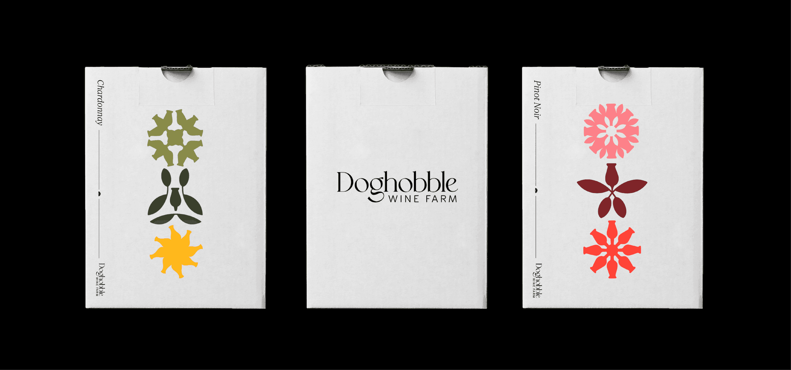 Doghobble Wine Farm Packaging Boxes. Doghobble Wine Farm wine boxes featuring bold, varietal-inspired floral emblems in clean vertical compositions.