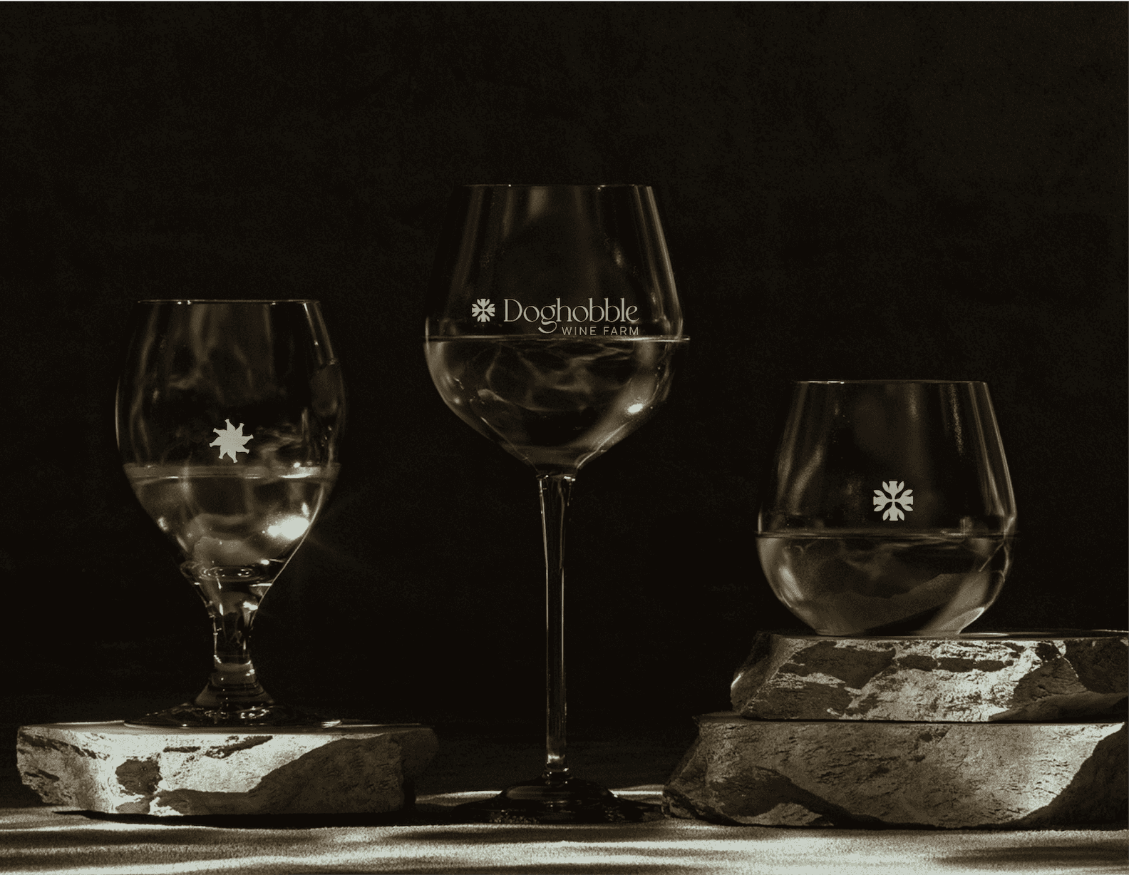 Doghobble Wine Farm Glassware. Etched Doghobble Wine Farm wine glasses displayed dramatically on stone surfaces.
