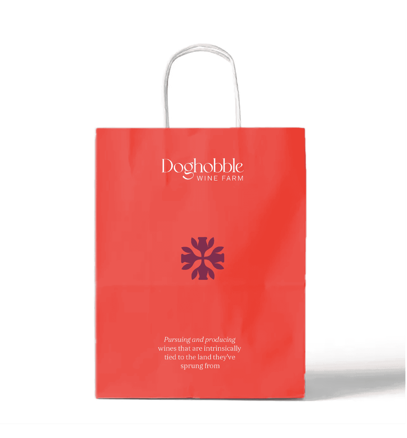 Doghobble Wine Farm Gift Bag. A coral gift bag featuring the Doghobble Wine Farm logo and emblem for premium takeaway packaging.