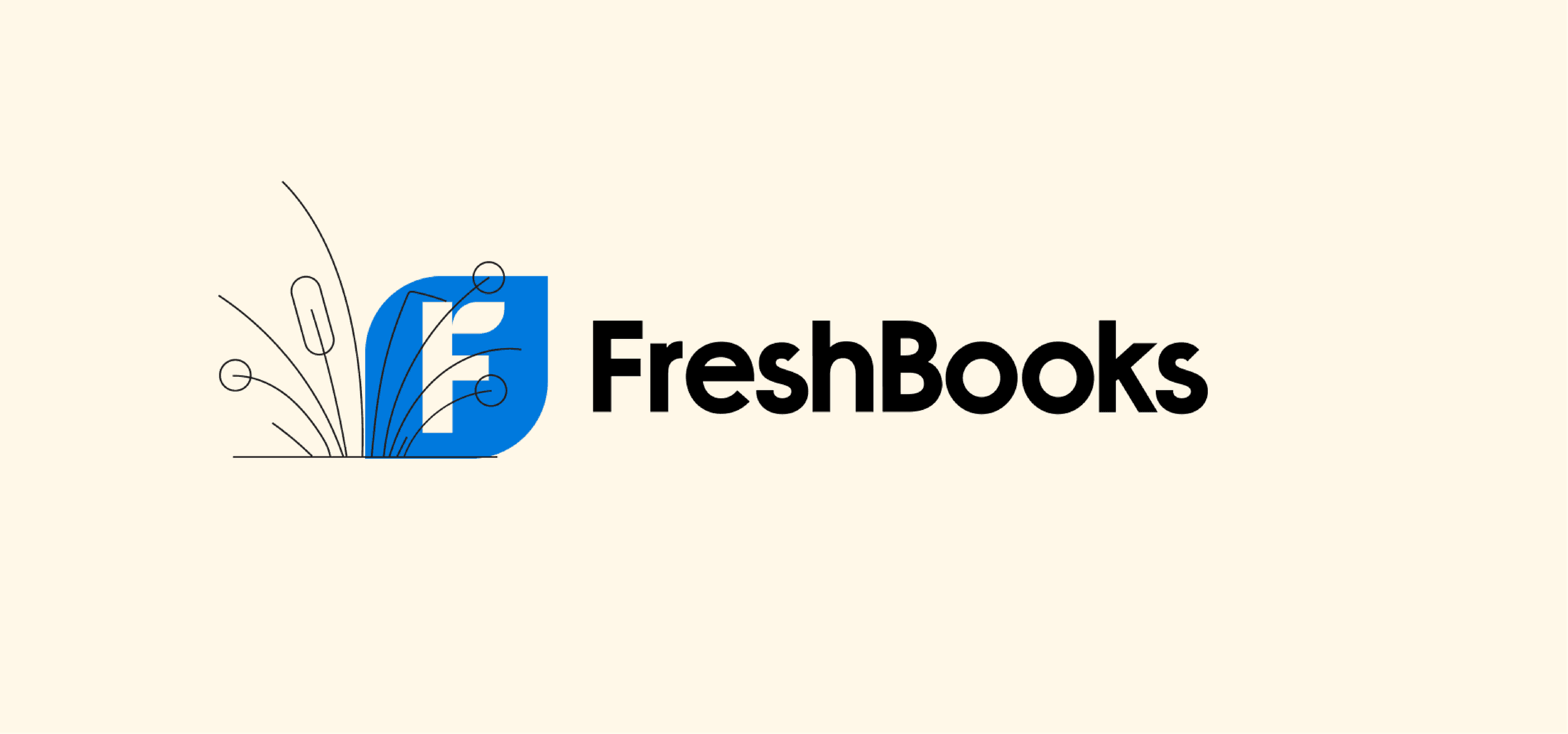 FreshBooks Logo. A blue FreshBooks logo paired with simple line-art plants on a cream background.