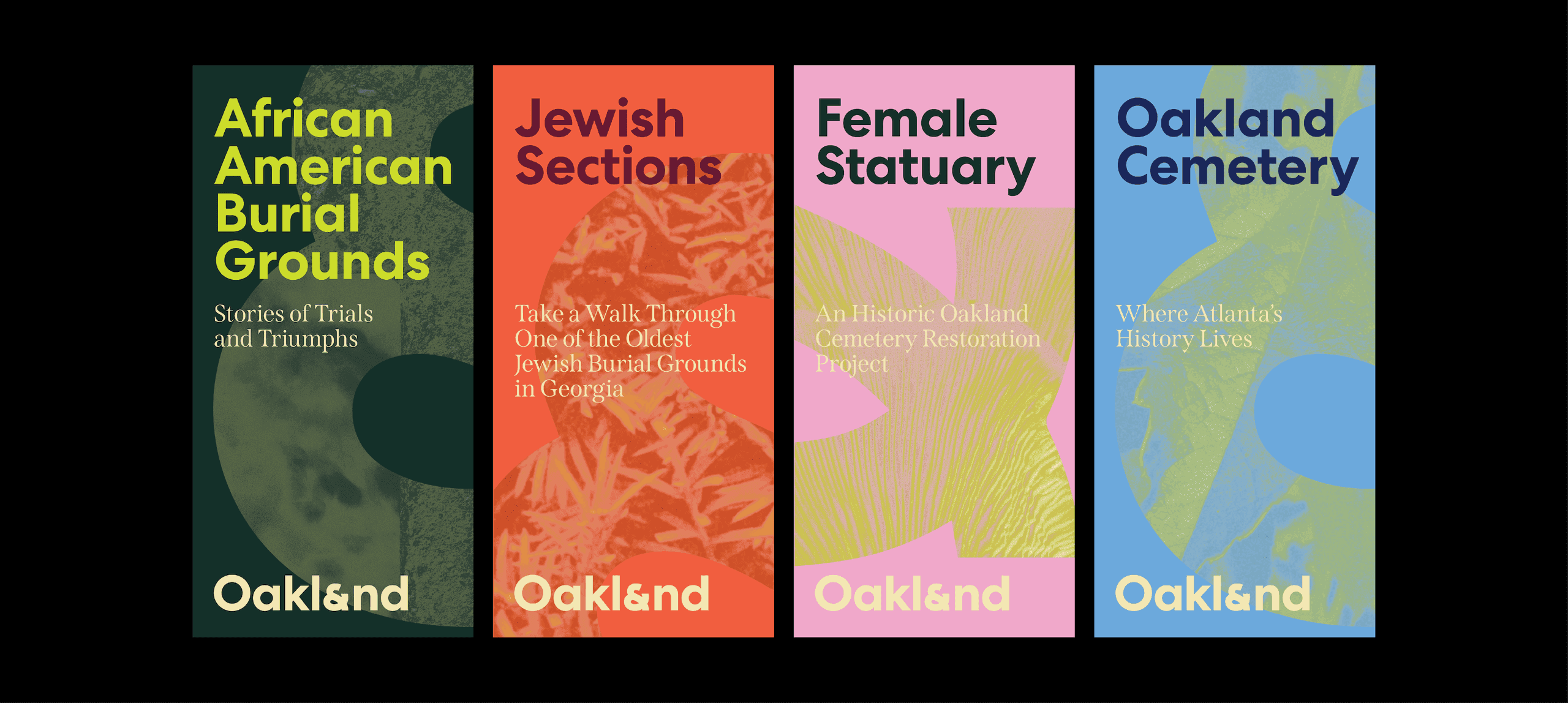 A set of Oakland Cemetery Brochures highlights key cemetery themes, including African American Burial Grounds, Jewish Sections, Female Statuary, and Oakland Cemetery history.