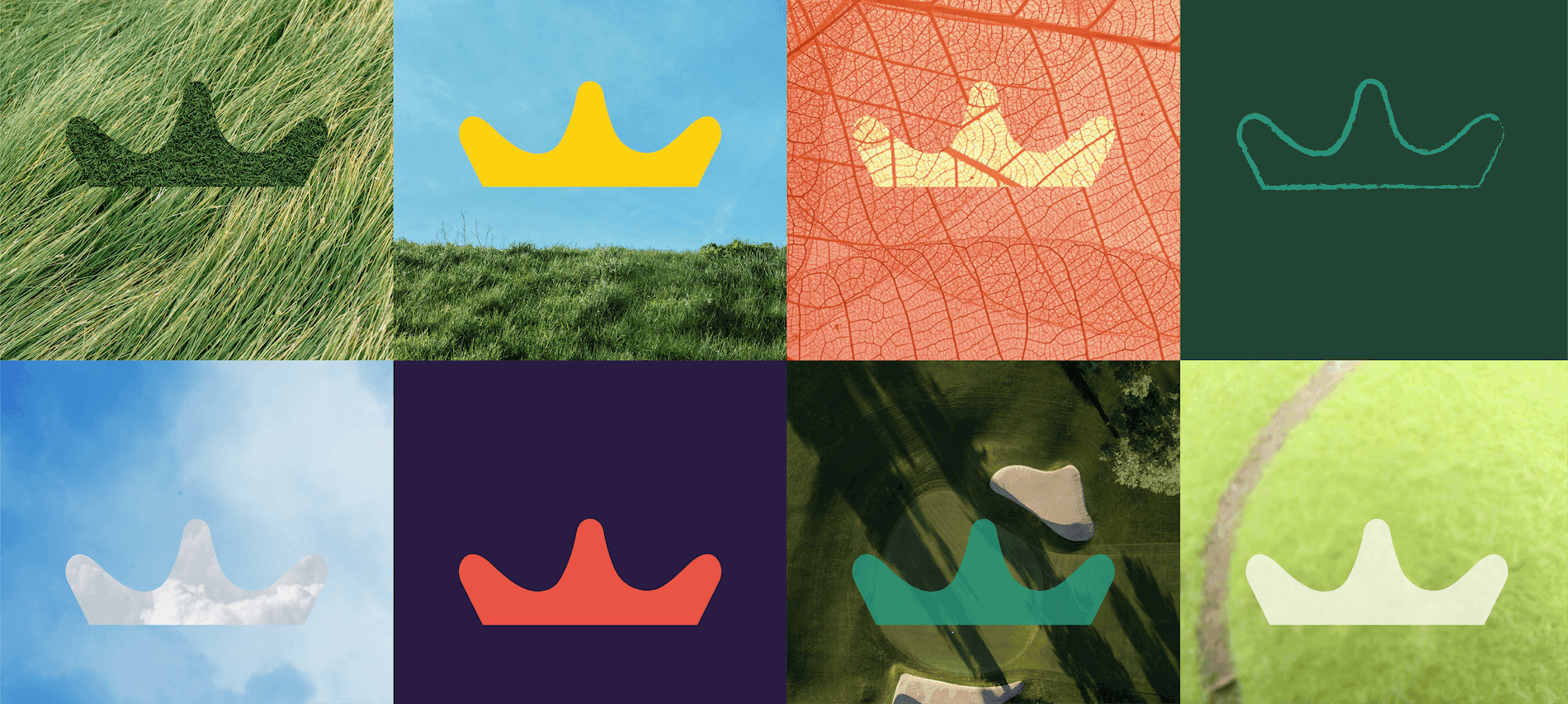 Crown System. A grid of crown icons expressed through textures, materials, and golf-related imagery.