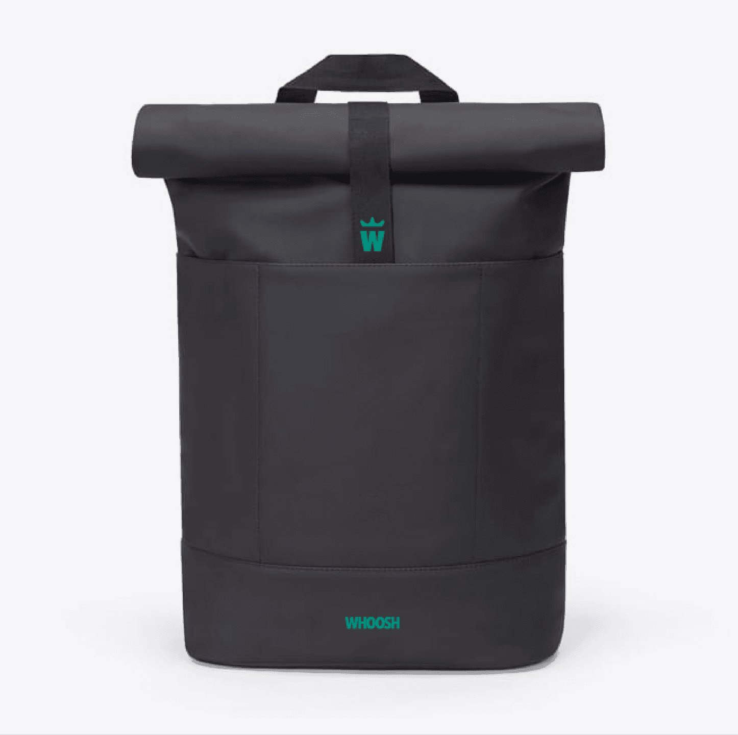 Branded Backpack. A functional roll-top bag featuring subtle WHOOSH branding.
